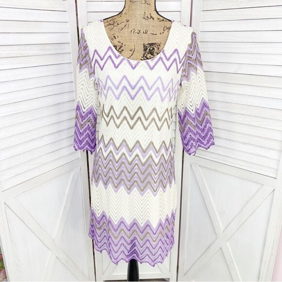 Incoh of LA Crochet Chevron Stripe Sheath Dress Purple White Petite Medium - Picture 1 of 12